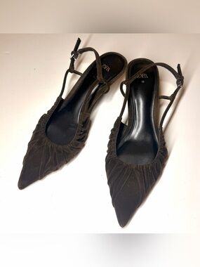 Zara Women’s Velvet Ruched Slingback Kitten Heels  chocolate brown Size- 38